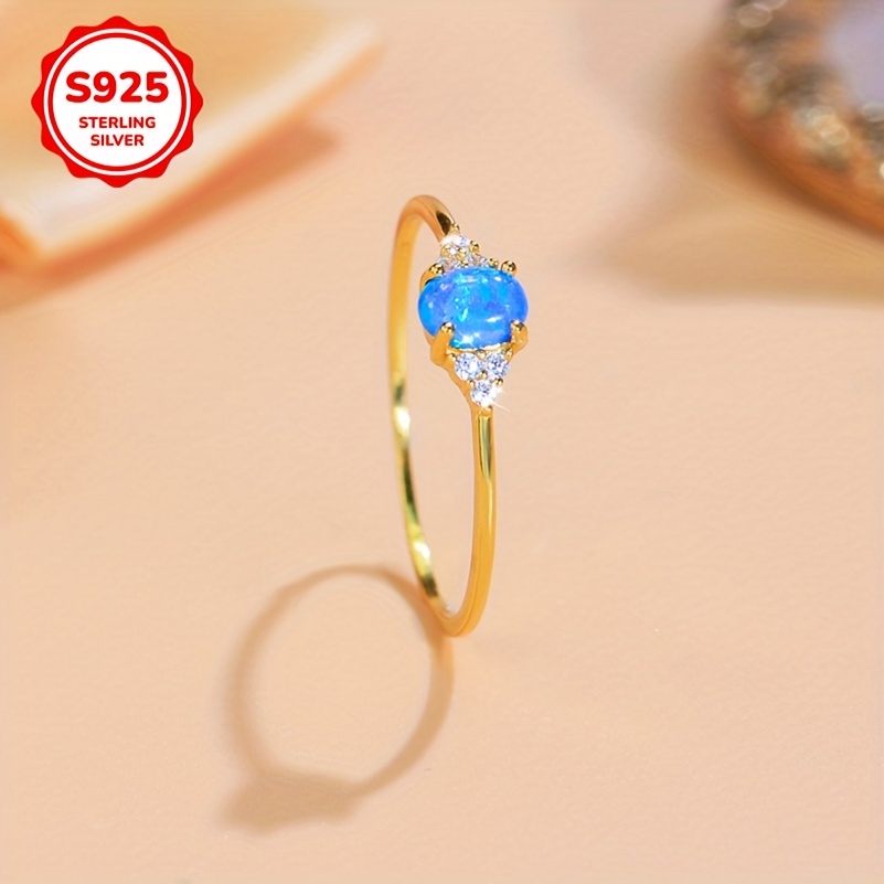 Women's 925 Sterling Silver Golden Plated Retro Style Round Opal Engagement Ring